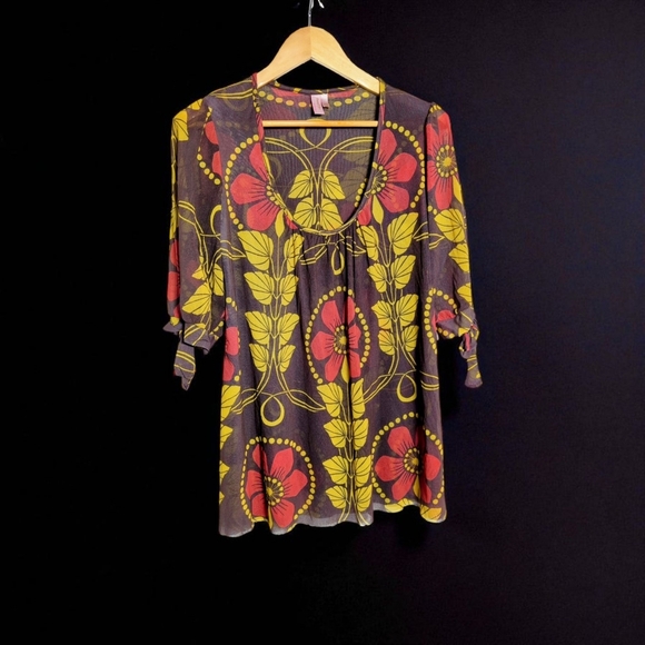 Sweet Pea Sz L Brown Red and Yellow Floral Blouse Mesh - Picture 1 of 6